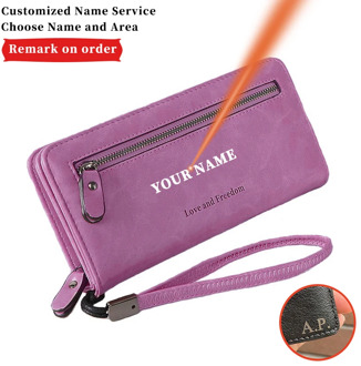 Engraving Name Multiple Card Slots PU Leather Letter Women Simplicity Purse Long Wallet Zipper Phone Bag Christmas Present