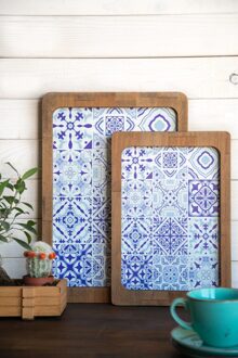 Enhavalı 2'li Hout Lade-Retro Blauwe Tegel , Groen Blad Patroon, Bourgondië Olifant Patroon. Thee En Koffie Lade