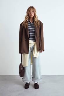 Enkelrijige Blazer Met Knoopdetails, Volumineuze Mouwen, Oversized Blazer, Coffee - 42