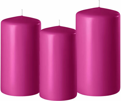 Enlightening Candles 3x stuks fuchsia roze stompkaarsen 10-12-15 cm - Stompkaarsen