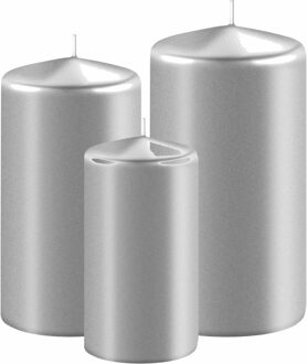 Enlightening Candles 3x stuks metallic zilveren stompkaarsen 10-12-15 cm