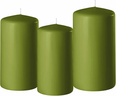 Enlightening Candles 3x stuks olijf groene stompkaarsen 10-12-15 cm - Stompkaarsen