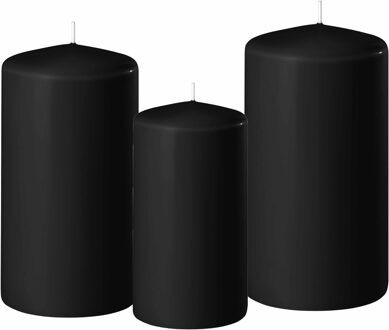 Enlightening Candles 3x stuks zwarte stompkaarsen 10-12-15 cm - Stompkaarsen