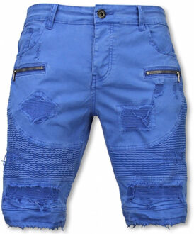 Enos Korte broek slim fit damaged biker jeans with zippers Blauw - 28