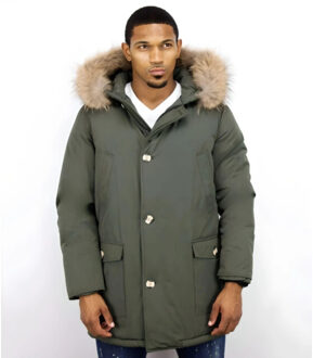 Enos Lange parka jas met bontkraag Groen - XS