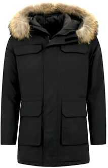 Enos Parka winterjas met grote echte bontkraag - maat S Zwart