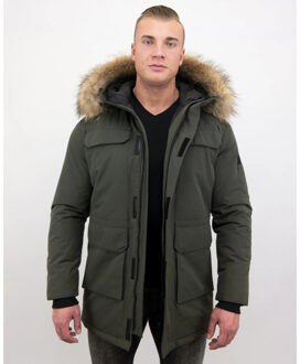 Enos Winterjas parka met grote echte bontkraag Groen