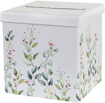Enveloppendoos bloemen - Bruiloft - wit/groen - karton - 20 x 20 cm - Feestdecoratievoorwerp