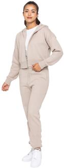 Enzo | Dames Crop Zip Hoodie Tracksuit Set Beige