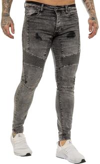 Enzo | Heren Skinny Stretch Biker Denim Jeans - Black Acid Zwart - 34W/30L