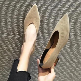 EOEODOIT 2020 Fashion Stretchy Fabric Pumps Women Pointy Toe Med Chunky Heels Slip On Sexy V Mouth Casual Office Lady Work Shoes