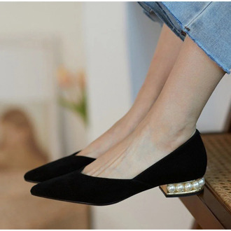 EOEODOIT New Fashion Leather Pearls Heels Shoes Women Casual Office Pumps Low Heel Pointed Toe V Mouth Slip On Work Shoes
