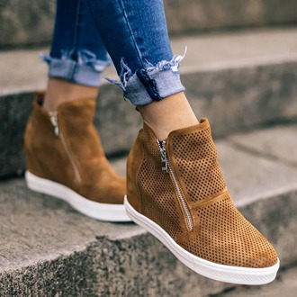 EOEODOIT Women Wedges Heel Pumps Inner Platform Heel Height Increasing Ankle Length Boots Shoes Hollow Out Summer Autumn Shoes