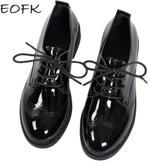 EOFK Women Oxford Flats Autumn Spring Brogue Leather Shoes Woman Full Black Office Female Derby Shoes Ladies