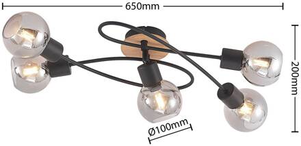Eridia plafondlamp, hout, 5-lamps, lang licht hout, zwart, smoke