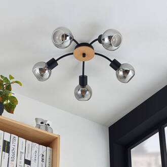 Eridia plafondlamp, hout, 5-lamps, rond licht hout, zwart, smoke