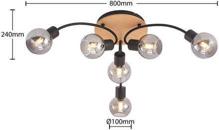 Eridia plafondlamp, hout, 6-lamps, rond licht hout, zwart, smoke