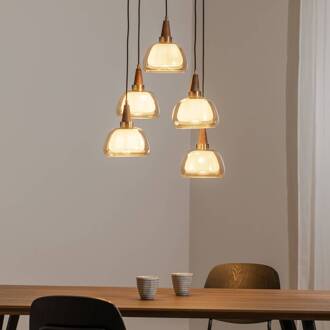 Ermo hanglamp, rond, 5-lamps, messing, Ø 61 cm, glas helder, wit opaal, zwart, donker hout