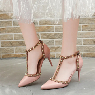 escarpins femme 2018 Pumps thin heels buckle strap female rivet Metal decoration pu South Korean swomen office shoes women