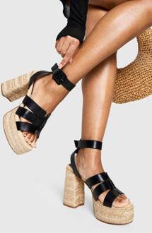 Espadrille Met Brede Pasvorm En Uitgesneden Details, 2-Delige Hakken, Black - 40