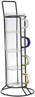 Espresso kopjes - 4x stuks - met standaard - glas - multicolor