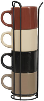 Espresso kopjes - 4x stuks - met standaard - keramiek - multicolor