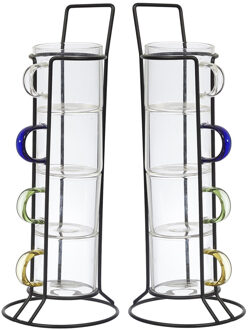 Espresso kopjes - 8x stuks - met standaard - glas - multicolor