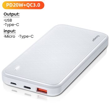 Essager Pd 20W 10000 Mah Power Bank Draagbare Opladen Externe Batterij Oplader 10000 Mah Powerbank Voor Iphone Xiaomi Mi poverbank PD QC 3.0 wit