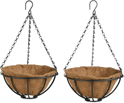 Esschert Design 2x stuks metalen hanging baskets / plantenbakken met ketting 25 cm inclusief kokosinlegvel