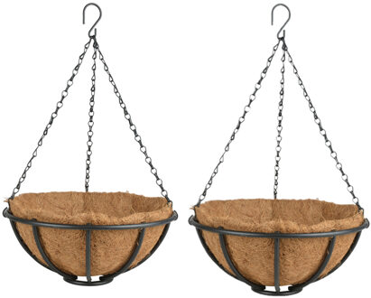 Esschert Design 2x stuks metalen hanging baskets / plantenbakken met ketting 30 cm inclusief kokosinlegvel
