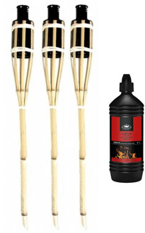 Esschert Design 3x stuks bamboe tuinfakkels met oliehouder van 60 cm inclusief 1 liter lampenolie/fakkelolie