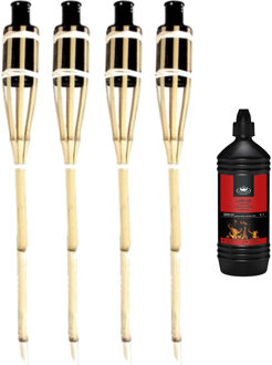 Esschert Design 4x stuks Bamboe fakkels safe 60 cm inclusief 1 liter lampenolie/fakkelolie