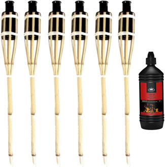 Esschert Design 6x stuks Bamboe fakkels safe 60 cm inclusief 1 liter lampenolie/fakkelolie