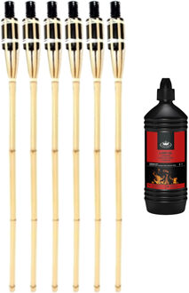 Esschert Design 6x stuks Bamboe tuinfakkels 90 cm inclusief 1 liter lampenolie/fakkelolie