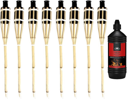 Esschert Design 8x stuks Bamboe fakkels safe 60 cm inclusief 1 liter lampenolie/fakkelolie