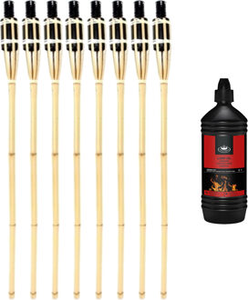 Esschert Design 8x stuks Bamboe tuinfakkels 90 cm inclusief 1 liter lampenolie/fakkelolie