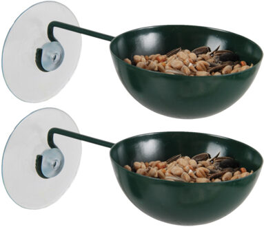 Esschert Design Best for Birds Vogelvoederbakje - 2x stuks - voor het raam - 12,5 x 7 x 5 cm - groen - voederplek