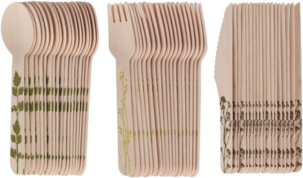 Esschert Design bestek set - hout - 120x - mes/lepel/vork - kruidenopdruk - BBQ/verjaardag/camping