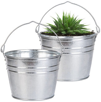 Esschert Design Emmer/plantenpot - 2x - zink - zilver - D25 x H19 cm - IJzeren emmer / teil Zilverkleurig