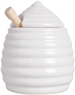 Esschert Design Honingpot incl lepel - wit - keramiek/hout - 400 ml