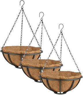 Esschert Design Metalen hanging basket / plantenbak met ketting - 3x stuks - D30 cm - zwart - hangende bloemen