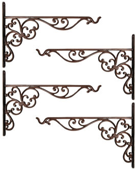 Esschert Design Muurhaak - 4x - sierkrullen - bruin -35 x 25 cm - voor plantenpotten -gietijzer