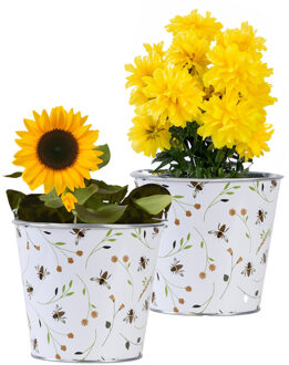 Esschert Design Plantenpot/bloempot emmer voor buiten - 2x - zink - Happy Bee - L15 x D16 X H14 cm