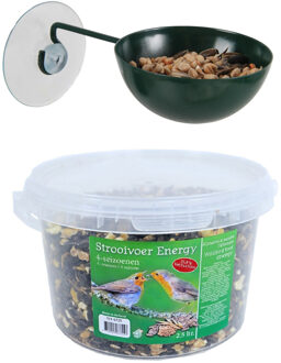 Esschert Design Raamvoederbakje voor vogelvoer 12 cm donker groen inclusief 4-seizoenen energy vogelvoer