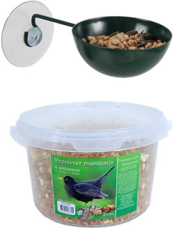Esschert Design Raamvoederbakje voor vogelvoer 12 cm donker groen inclusief 4-seizoenen mueslimix vogelvoer