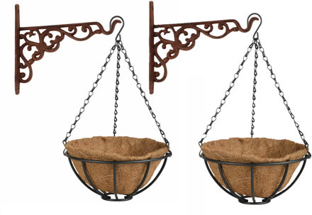 Esschert Design Set van 2x stuks Hanging baskets 25 cm met ijzeren muurhaken - metaal - complete hangmand set