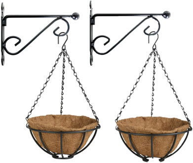 Esschert Design Set van 2x stuks Hanging baskets 25 cm met muurhaken - metaal - complete hangmand set