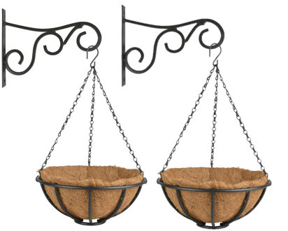Esschert Design Set van 2x stuks Hanging baskets 30 cm met metalen muurhaken - complete hangmand set