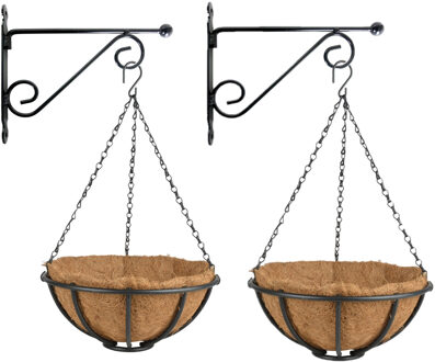 Esschert Design Set van 2x stuks Hanging baskets 30 cm met muurhaken - metaal - complete hangmand set