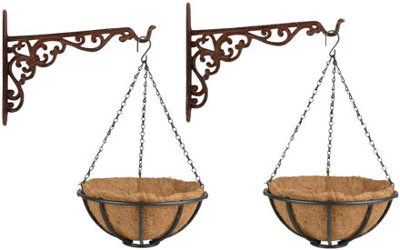 Esschert Design Set van 2x stuks Hanging baskets 30 cm met muurhaken - metaal - complete hangmand set